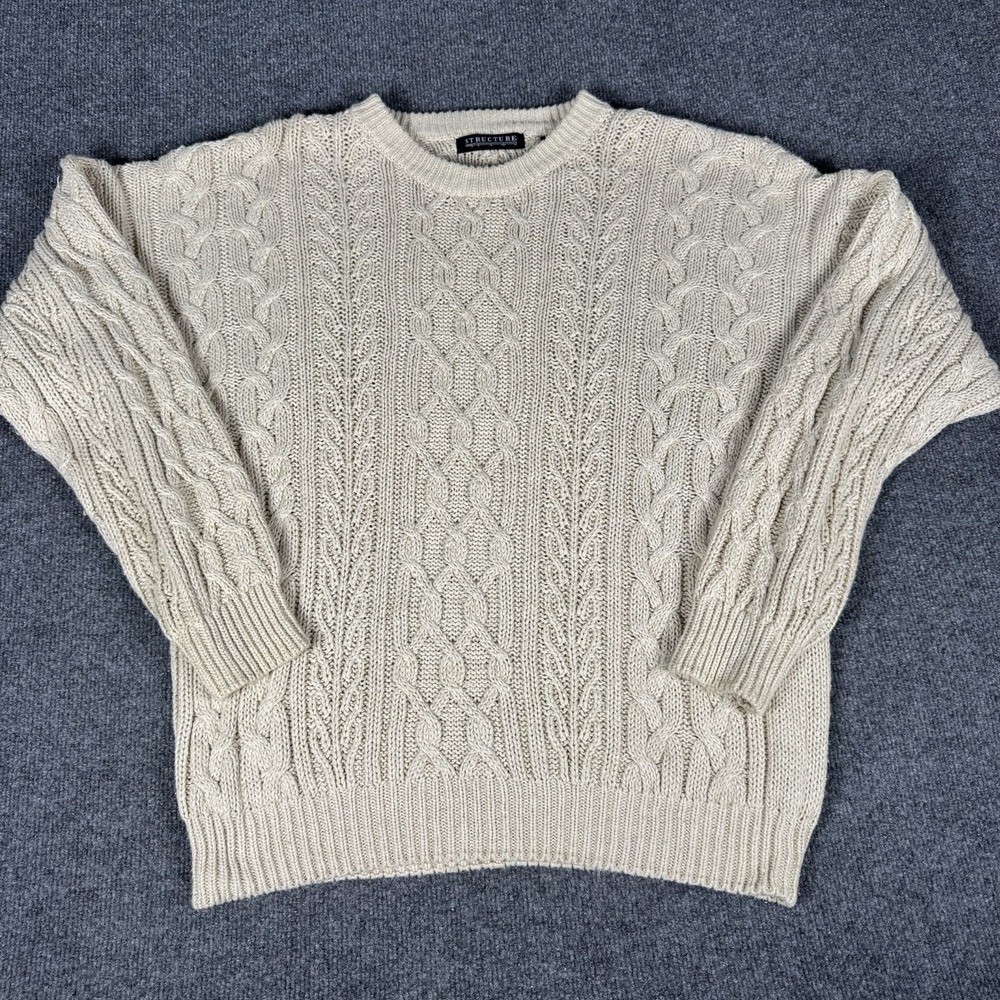 Vintage Structure Cable‎ Knit Sweatshirt Mens Beige Midweight Cotton Large 90s